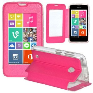 CUSTODIA FLIP ORIZZONTALE PELLE per NOKIA LUMIA 530 CON FINESTRA GRANDE, INTERNO IN TPU SILICONE E STAND COLORE ROSA