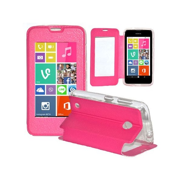 CUSTODIA FLIP ORIZZONTALE PELLE per NOKIA LUMIA 530 CON FINESTRA GRANDE, INTERNO IN TPU SILICONE E STAND COLORE ROSA