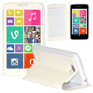 CUSTODIA FLIP ORIZZONTALE PELLE per NOKIA LUMIA 530 CON FINESTRA GRANDE, INTERNO IN TPU SILICONE E STAND COLORE BIANCO