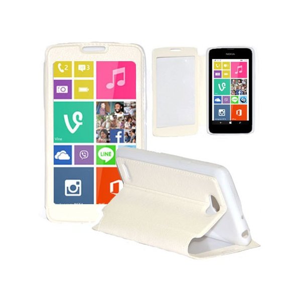 CUSTODIA FLIP ORIZZONTALE PELLE per NOKIA LUMIA 530 CON FINESTRA GRANDE, INTERNO IN TPU SILICONE E STAND COLORE BIANCO