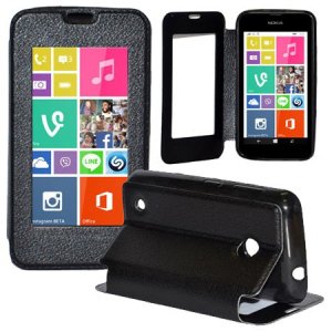 CUSTODIA FLIP ORIZZONTALE PELLE per NOKIA LUMIA 530 CON FINESTRA GRANDE, INTERNO IN TPU SILICONE E STAND COLORE NERO