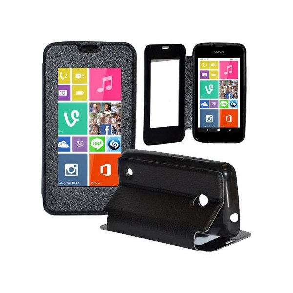 CUSTODIA FLIP ORIZZONTALE PELLE per NOKIA LUMIA 530 CON FINESTRA GRANDE, INTERNO IN TPU SILICONE E STAND COLORE NERO