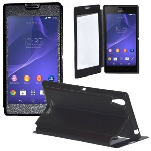 CUSTODIA FLIP ORIZZONTALE PELLE per SONY XPERIA T3 D5102, D5103, D5106 CON FINESTRA GRANDE, INTERNO IN TPU E STAND COLORE NERO