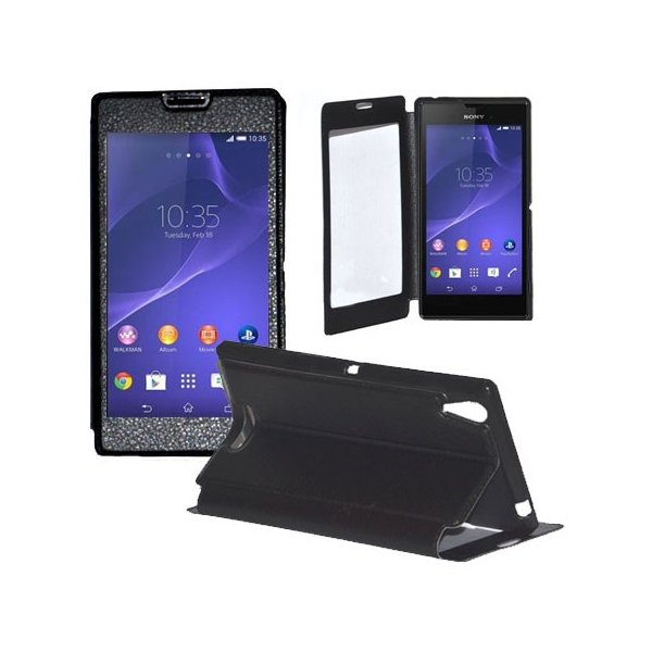 CUSTODIA FLIP ORIZZONTALE PELLE per SONY XPERIA T3 D5102, D5103, D5106 CON FINESTRA GRANDE, INTERNO IN TPU E STAND COLORE NERO