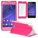 CUSTODIA FLIP ORIZZONTALE PELLE per SONY XPERIA T3 D5102, D5103, D5106 CON FINESTRA GRANDE, INTERNO IN TPU E STAND COLORE ROSA