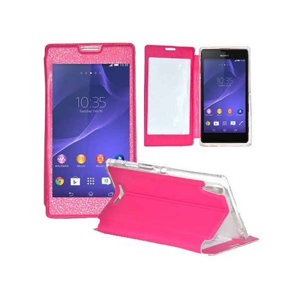 CUSTODIA FLIP ORIZZONTALE PELLE per SONY XPERIA T3 D5102, D5103, D5106 CON FINESTRA GRANDE, INTERNO IN TPU E STAND COLORE ROSA