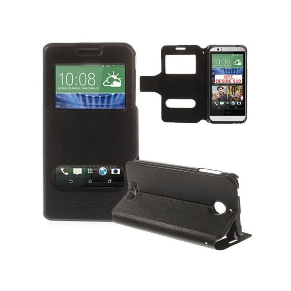 CUSTODIA FLIP ORIZZONTALE PELLE per HTC DESIRE 510 CON DOPPIA FINESTRA ID, STAND E CHIUSURA MAGNETICA COLORE NERO