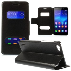 CUSTODIA FLIP ORIZZONTALE SLIM per HUAWEI HONOR 6 CON DOPPIA FINESTRA ID E STAND COLORE NERO