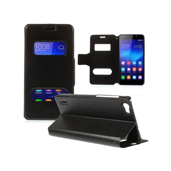 CUSTODIA FLIP ORIZZONTALE SLIM per HUAWEI HONOR 6 CON DOPPIA FINESTRA ID E STAND COLORE NERO