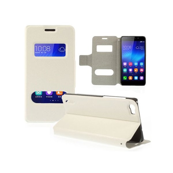 CUSTODIA FLIP ORIZZONTALE SLIM per HUAWEI HONOR 6 CON DOPPIA FINESTRA ID E STAND COLORE BIANCO