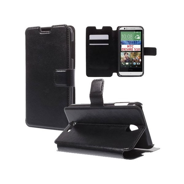 CUSTODIA FLIP ORIZZONTALE PELLE per HTC DESIRE 510 CON STAND E TASCHE PORTA CARTE COLORE NERO