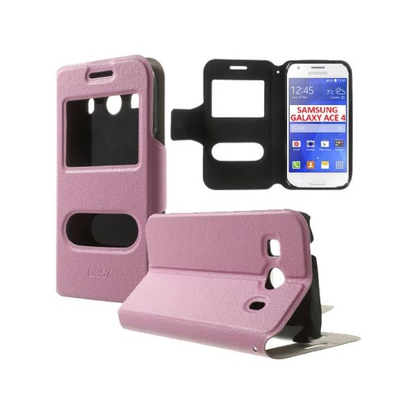 CUSTODIA FLIP ORIZZONTALE SLIM per SAMSUNG G357 GALAXY ACE 4 CON DOPPIA FINESTRA ID, STAND E CHIUSURA MAGNETICA COLORE ROSA