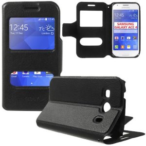 CUSTODIA FLIP ORIZZONTALE SLIM per SAMSUNG G357 GALAXY ACE 4 CON DOPPIA FINESTRA ID, STAND E CHIUSURA MAGNETICA COLORE NERO