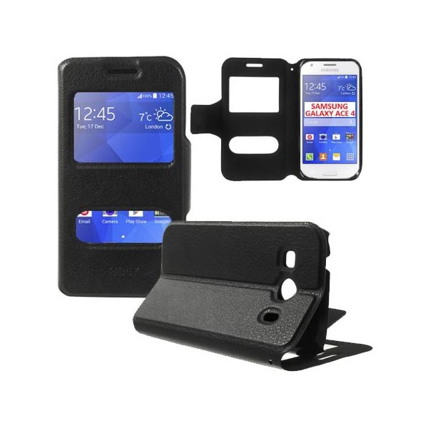 CUSTODIA FLIP ORIZZONTALE SLIM per SAMSUNG G357 GALAXY ACE 4 CON DOPPIA FINESTRA ID, STAND E CHIUSURA MAGNETICA COLORE NERO