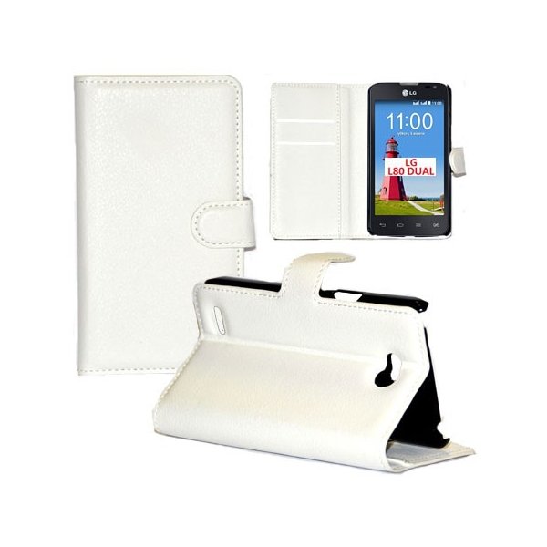 CUSTODIA FLIP ORIZZONTALE PELLE per LG L80 DUAL, D380 CON STAND, TASCHE PORTA CARTE E CHIUSURA MAGNETICA COLORE BIANCO