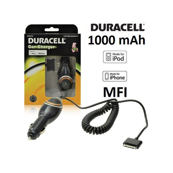 CARICATORE AUTO 1000mAh CON CONNETTORE 30 PIN PER DISPOSITIVI APPLE con CERTIFICATO MFI - CAVO A SPIRALE NERO DURACELL DMDC03