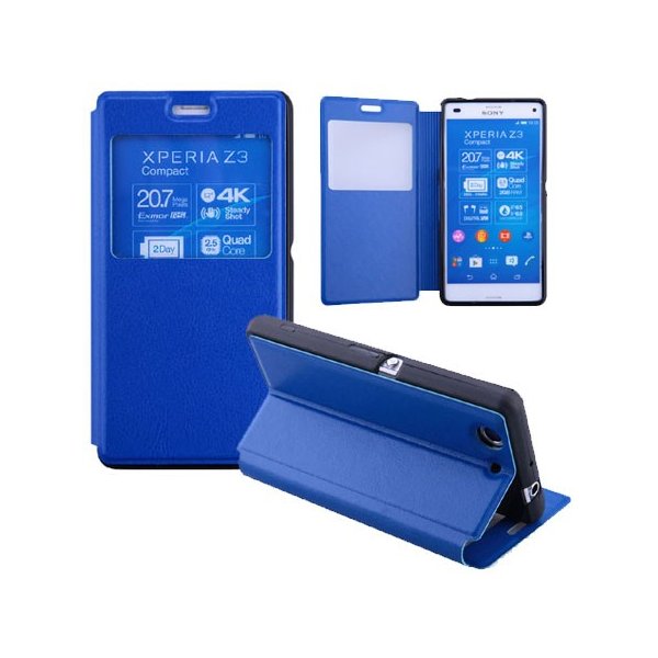 CUSTODIA FLIP ORIZZONTALE PELLE per SONY XPERIA Z3 COMPACT D5803, D5833 CON FINESTRA ID ED INTERNO IN TPU SILICONE COLORE BLU