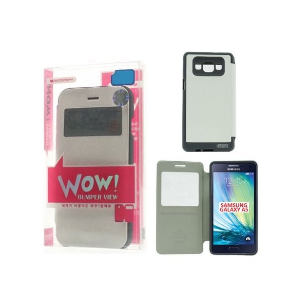 CUSTODIA FLIP ORIZZONTALE per SAMSUNG SM-A500 GALAXY A5 (NO VERSIONE 2016) FINESTRA ID E INTERNO IN TPU BIANCO WOW! MERCURY