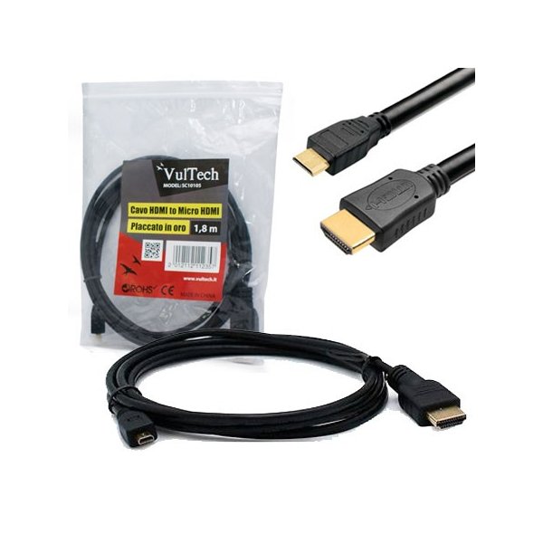 CAVO HDMI MASCHIO / MICRO HDMI MASCHIO V1.4 LUNGHEZZA 1.8 MT COLORE NERO CON CONNETTORI PLACCATI ORO SC10105 VULTECH