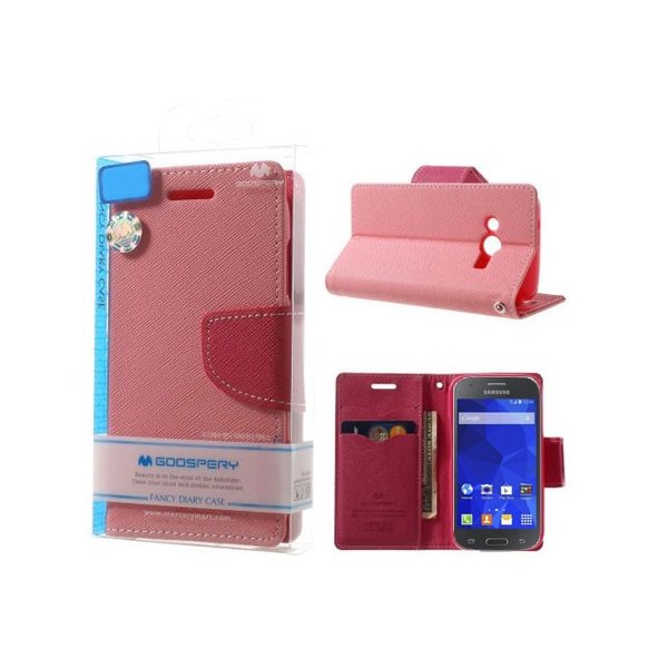 CUSTODIA FLIP ORIZZONTALE per SAMSUNG G357 GALAXY ACE 4 CON STAND, INTERNO IN TPU E PORTA CARTE ROSA FANCY DIARY BLISTER