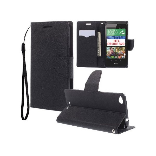 CUSTODIA FLIP ORIZZONTALE per HTC DESIRE 320 CON INTERNO IN TPU, STAND, PORTA CARTE E LACCIO DA POLSO COLORE NERO