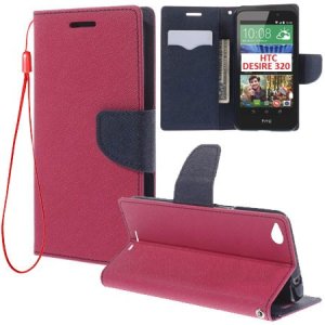 CUSTODIA FLIP ORIZZONTALE per HTC DESIRE 320 CON INTERNO IN TPU, STAND, PORTA CARTE E LACCIO DA POLSO COLORE FUCSIA