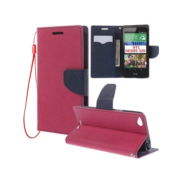 CUSTODIA FLIP ORIZZONTALE per HTC DESIRE 320 CON INTERNO IN TPU, STAND, PORTA CARTE E LACCIO DA POLSO COLORE FUCSIA