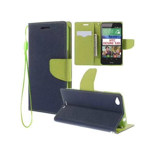 CUSTODIA FLIP ORIZZONTALE per HTC DESIRE 320 CON INTERNO IN TPU, STAND, PORTA CARTE E LACCIO DA POLSO COLORE BLU