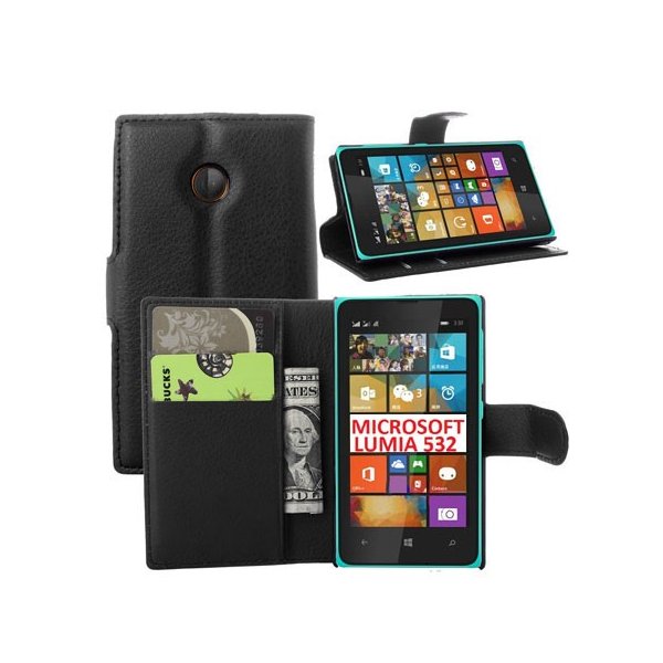 CUSTODIA FLIP ORIZZONTALE SIMILPELLE per MICROSOFT LUMIA 532 CON STAND, TASCHE PORTA CARTE E CHIUSURA MAGNETICA COLORE NERO