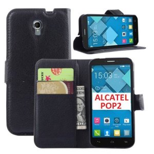 CUSTODIA FLIP ORIZZONTALE SIMILPELLE per ALCATEL ONE TOUCH POP 2 CON STAND, PORTA CARTE E CHIUSURA MAGNETICA COLORE NERO