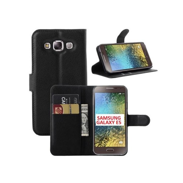 CUSTODIA FLIP ORIZZONTALE SIMILPELLE per SAMSUNG SM-E500 GALAXY E5 CON STAND, PORTA CARTE E CHIUSURA MAGNETICA COLORE NERO