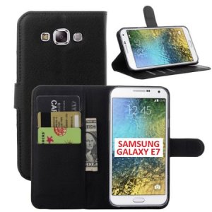 CUSTODIA FLIP ORIZZONTALE SIMILPELLE per SAMSUNG SM-E700 GALAXY E7 CON STAND, PORTA CARTE E CHIUSURA MAGNETICA COLORE NERO