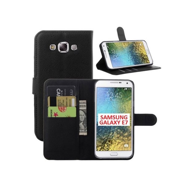 CUSTODIA FLIP ORIZZONTALE SIMILPELLE per SAMSUNG SM-E700 GALAXY E7 CON STAND, PORTA CARTE E CHIUSURA MAGNETICA COLORE NERO