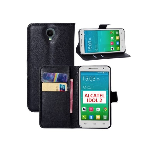 CUSTODIA FLIP ORIZZONTALE SIMILPELLE per ALCATEL ONE TOUCH 6037 IDOL 2 CON STAND E TASCHE PORTA CARTE COLORE NERO