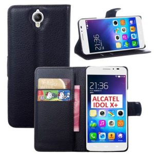 CUSTODIA FLIP ORIZZONTALE SIMILPELLE per ALCATEL ONE TOUCH IDOL X+ 6043D CON STAND E TASCHE PORTA CARTE COLORE NERO