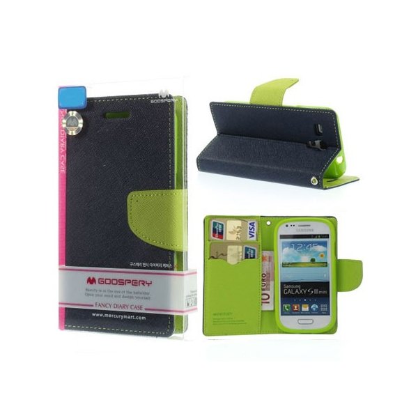 CUSTODIA FLIP ORIZZONTALE per SAMSUNG I8190 GALAXY S3 MINI, I8200 CON STAND E PORTA CARTE COLORE BLU E VERDE FANCY DIARY MERCURY