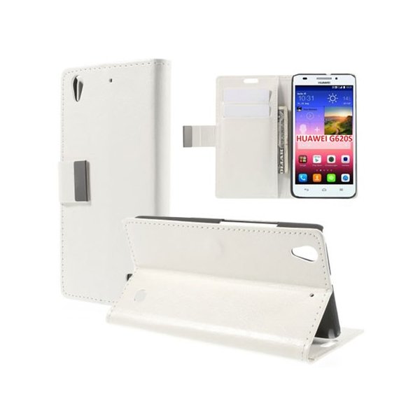 CUSTODIA FLIP ORIZZONTALE SIMILPELLE per HUAWEI ASCEND G620s, HONOR 4 PLAY CON STAND E TASCHE PORTA CARTE COLORE BIANCO