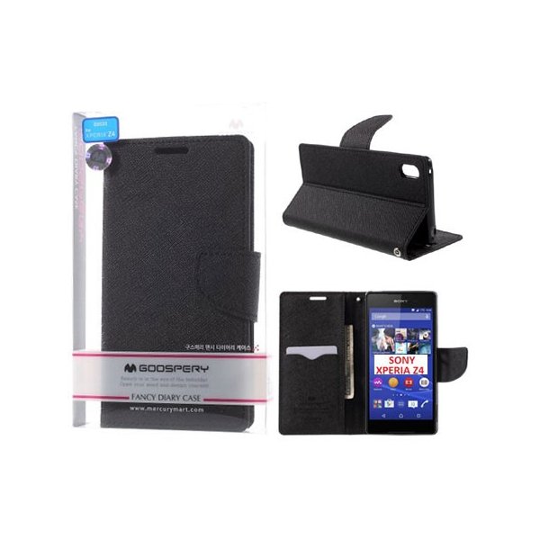 CUSTODIA FLIP ORIZZONTALE per SONY XPERIA Z4, XPERIA Z3+ CON INTERNO IN TPU, STAND E PORTA CARTE COLORE NERO FANCY DIARY MERCURY