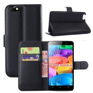 CUSTODIA FLIP ORIZZONTALE SIMILPELLE per HUAWEI HONOR 4X CON STAND, PORTA CARTE E CHIUSURA MAGNETICA COLORE NERO