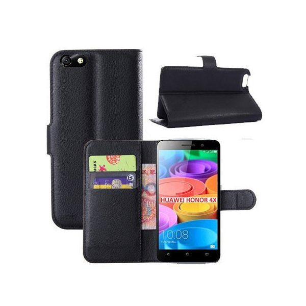 CUSTODIA FLIP ORIZZONTALE SIMILPELLE per HUAWEI HONOR 4X CON STAND, PORTA CARTE E CHIUSURA MAGNETICA COLORE NERO