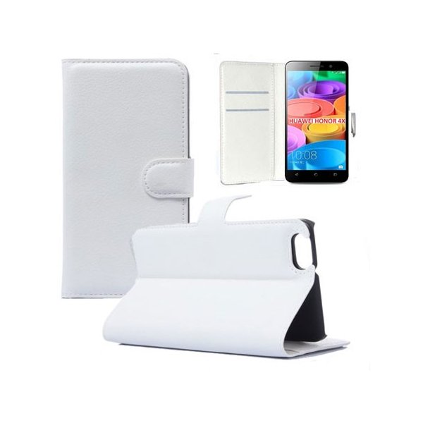 CUSTODIA FLIP ORIZZONTALE SIMILPELLE per HUAWEI HONOR 4X CON STAND, PORTA CARTE E CHIUSURA MAGNETICA COLORE BIANCO