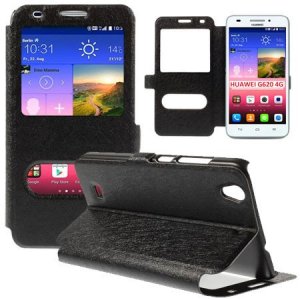 CUSTODIA FLIP ORIZZONTALE SLIM per HUAWEI ASCEND G620 4G CON DOPPIA FINESTRA ID, STAND E CHIUSURA MAGNETICA COLORE NERO