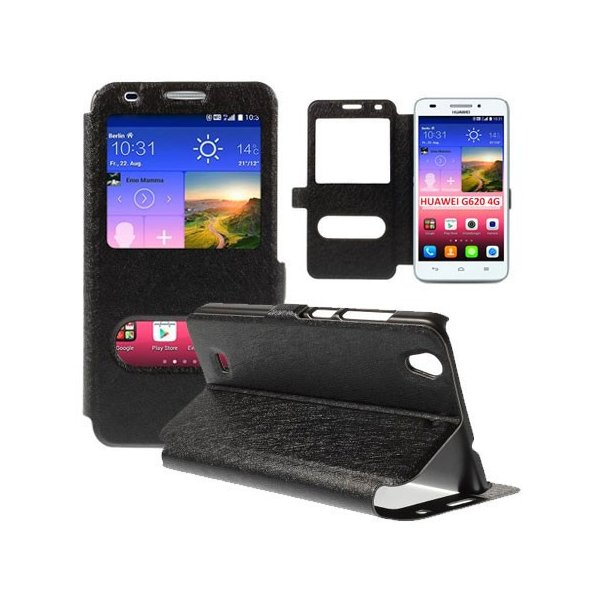 CUSTODIA FLIP ORIZZONTALE SLIM per HUAWEI ASCEND G620 4G CON DOPPIA FINESTRA ID, STAND E CHIUSURA MAGNETICA COLORE NERO