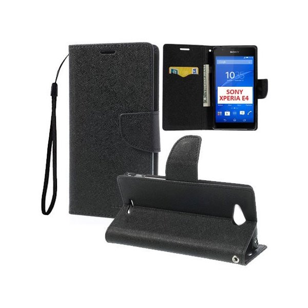 CUSTODIA FLIP ORIZZONTALE per SONY XPERIA E4, E2104, E2105 CON INTERNO IN TPU, STAND, PORTA CARTE E LACCIO DA POLSO COLORE NERO