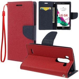 CUSTODIA FLIP ORIZZONTALE per LG G4, H815 CON INTERNO IN TPU SILICONE, STAND, TASCHE PORTA CARTE E LACCIO DA POLSO COLORE ROSSO