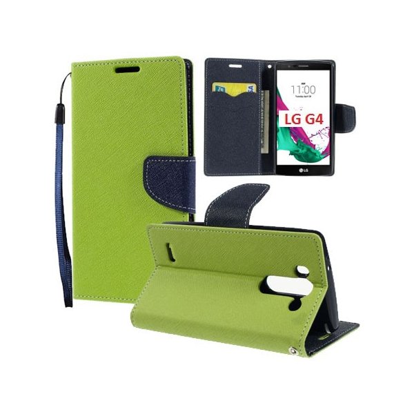 CUSTODIA FLIP ORIZZONTALE per LG G4, H815 CON INTERNO IN TPU SILICONE, STAND, TASCHE PORTA CARTE E LACCIO DA POLSO COLORE VERDE