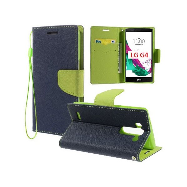 CUSTODIA FLIP ORIZZONTALE per LG G4, H815 CON INTERNO IN TPU SILICONE, STAND, TASCHE PORTA CARTE E LACCIO DA POLSO COLORE BLU