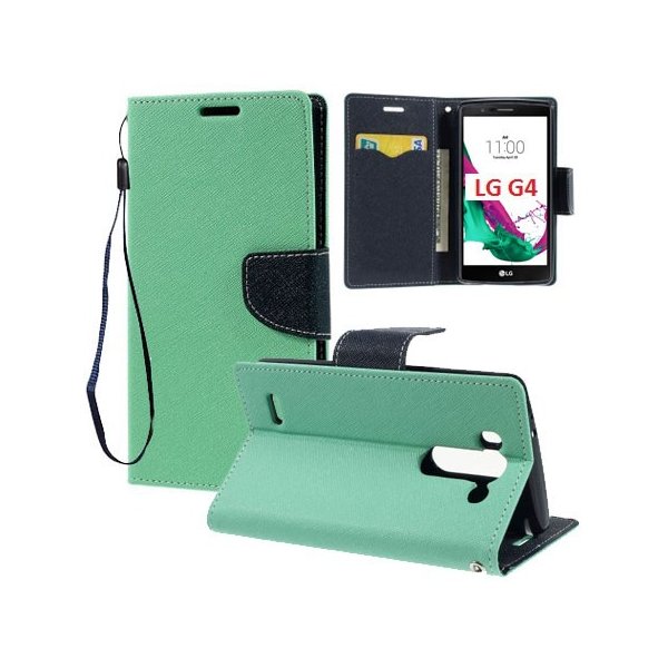 CUSTODIA FLIP ORIZZONTALE per LG G4, H815 CON INTERNO IN TPU SILICONE, STAND, PORTA CARTE E LACCIO DA POLSO COLORE VERDE ACQUA