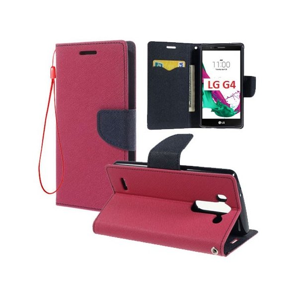 CUSTODIA FLIP ORIZZONTALE per LG G4, H815 CON INTERNO IN TPU SILICONE, STAND, TASCHE PORTA CARTE E LACCIO DA POLSO COLORE FUCSIA