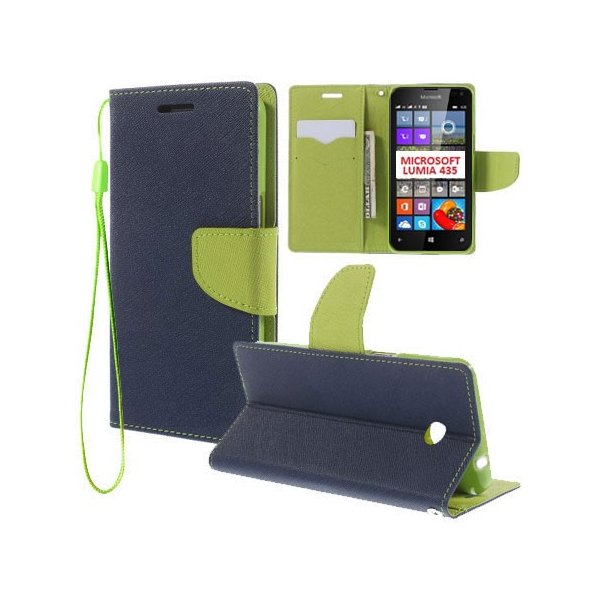 CUSTODIA FLIP ORIZZONTALE per MICROSOFT LUMIA 435 CON INTERNO IN TPU, STAND, PORTA CARTE E LACCIO DA POLSO COLORE BLU